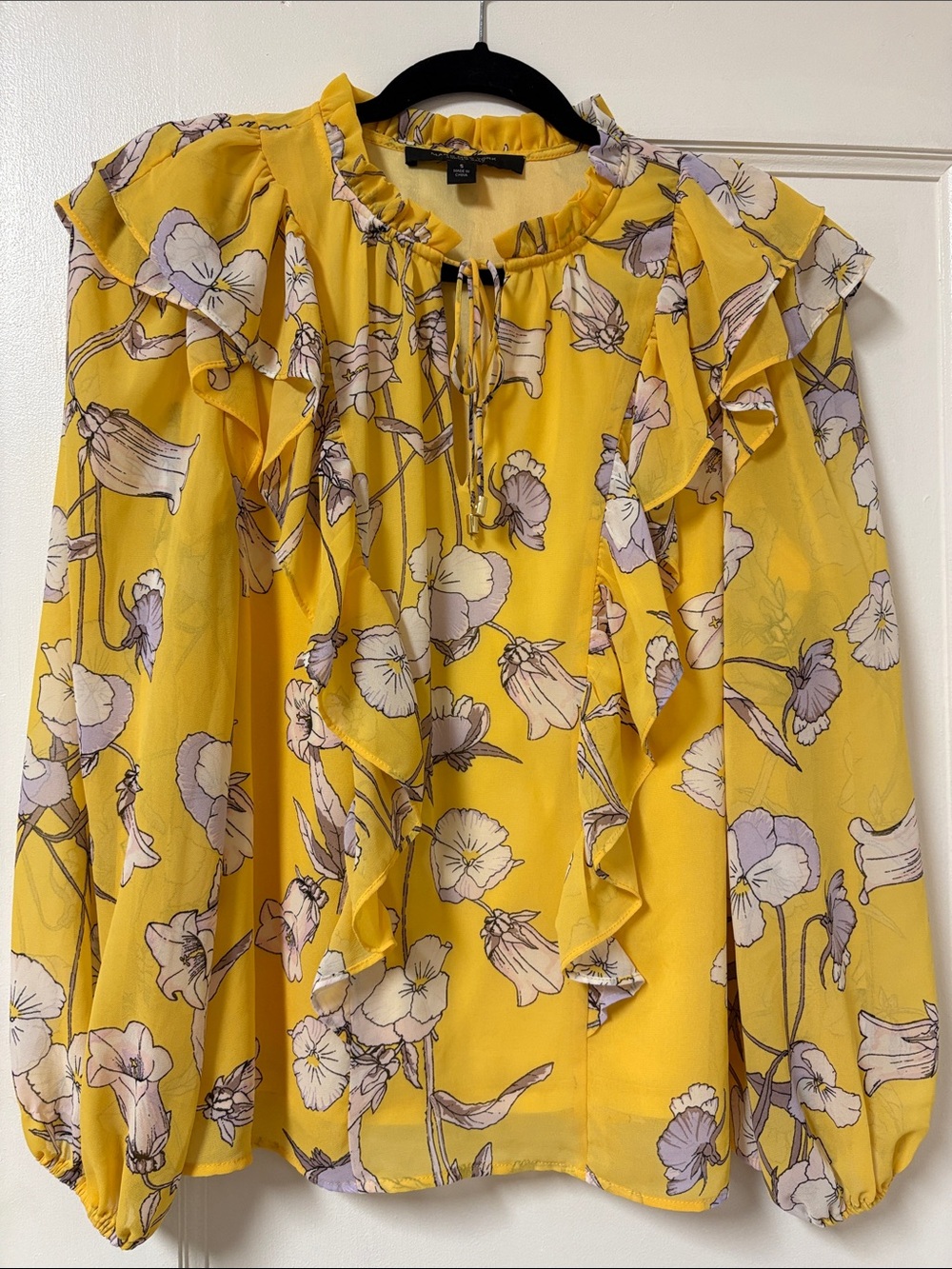 Yellow Floral Ruffle Tie-Neck Blouse - Women